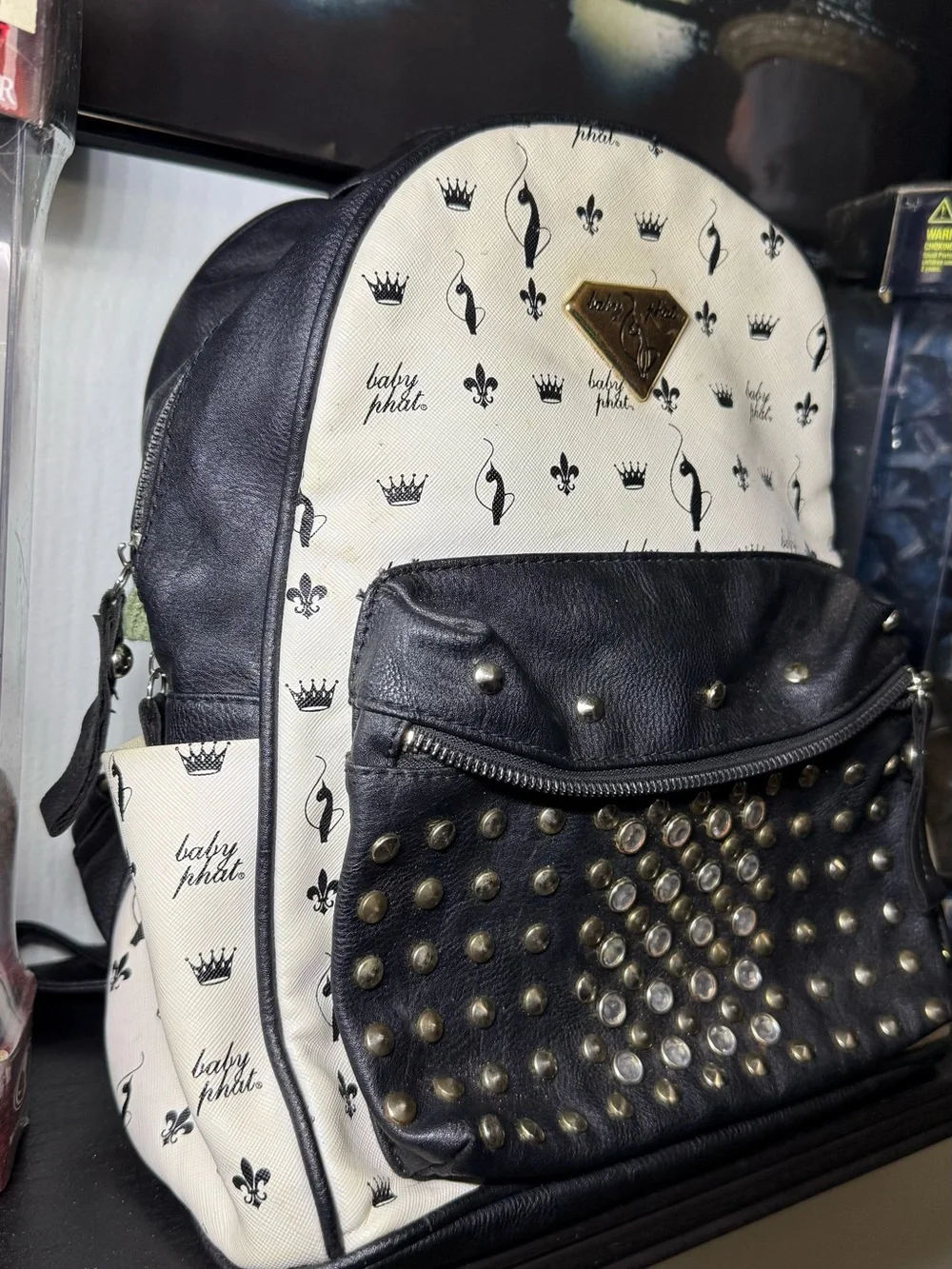 Y2K 2000s Baby Phat Black & White Studded Backpack All Over Print Backpack